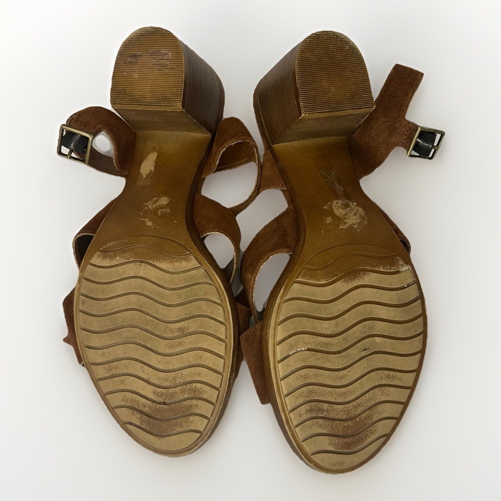 Mariella Brown Suede Block Heel Sandals 7.5M Made in Italy Leather Strap - Picture 10 of 11